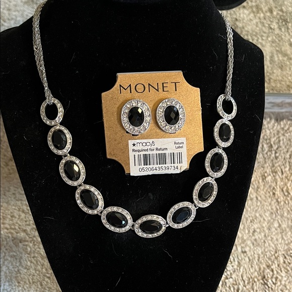 Monet Jewelry - NWT Silver and Black Oval Necklace and Monet Earrings Set